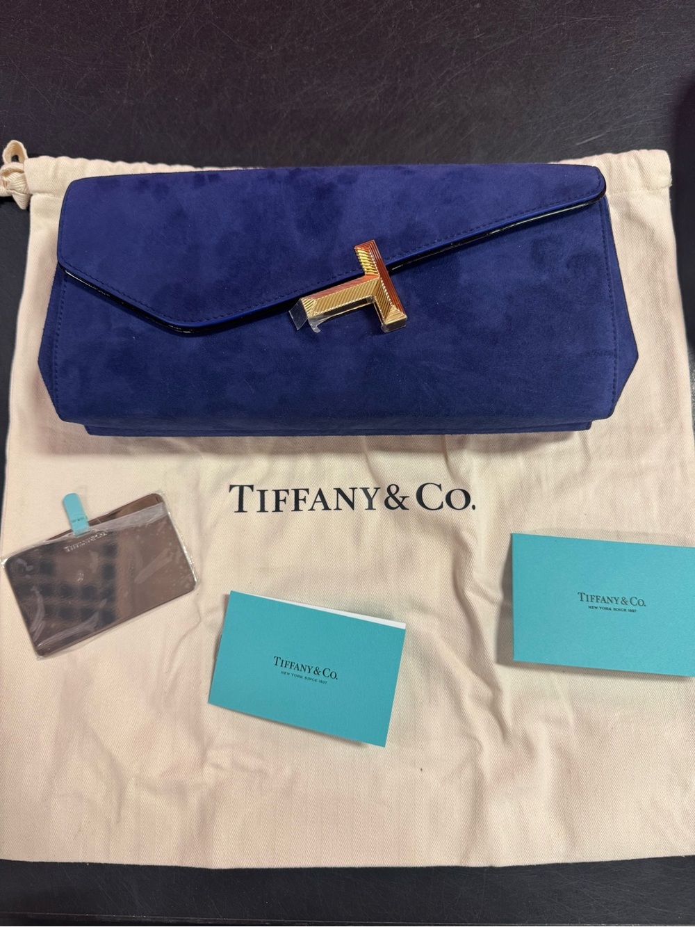 Tiffany & Co. Navy Blue Suede Clutch with Gold-Tone Hardware